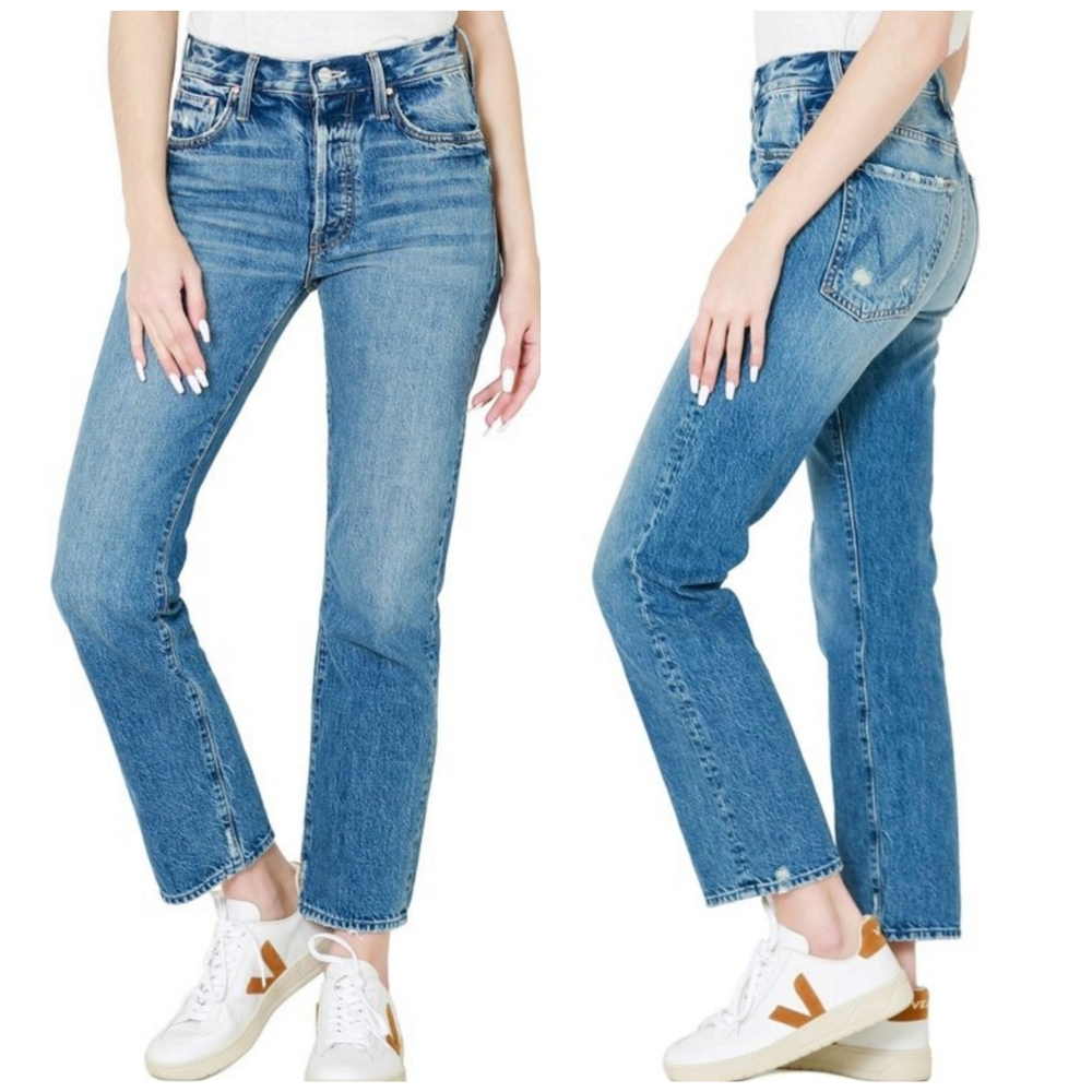 Mother Superior High Waisted Hoover Wash Distressed Straight Leg Jeans Size 32
